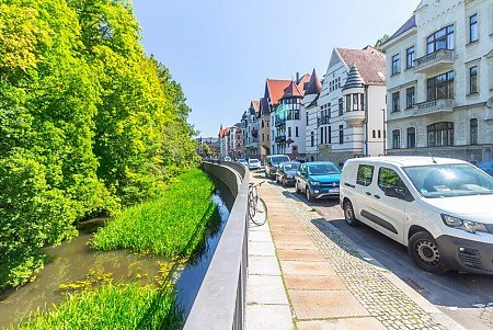 Straße im Waldstraßenviertel am Fluss und Auenwald Straße im Waldstraßenviertel am Fluss und Auenwald