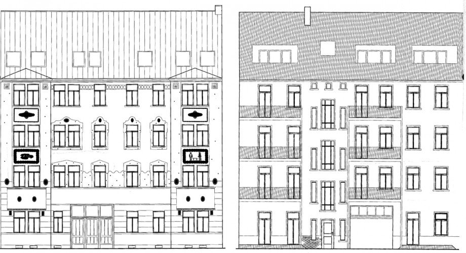Hausansicht-Zeichnung-Vorder--und-R�ckseite Etagenwohnung Leipzig