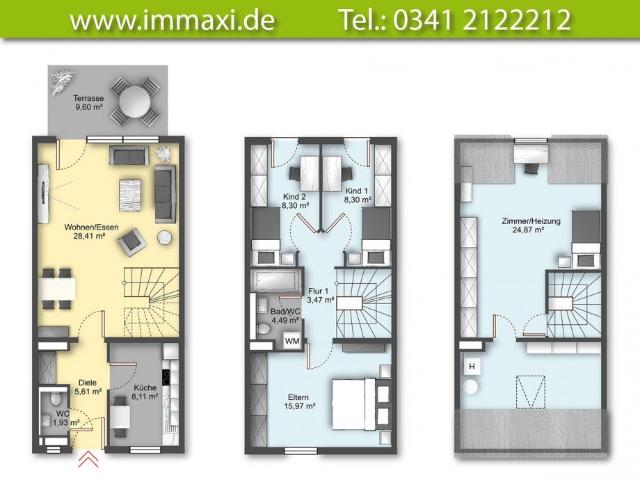 Grundriss EG OG DG Reihenmittelhaus Leipzig